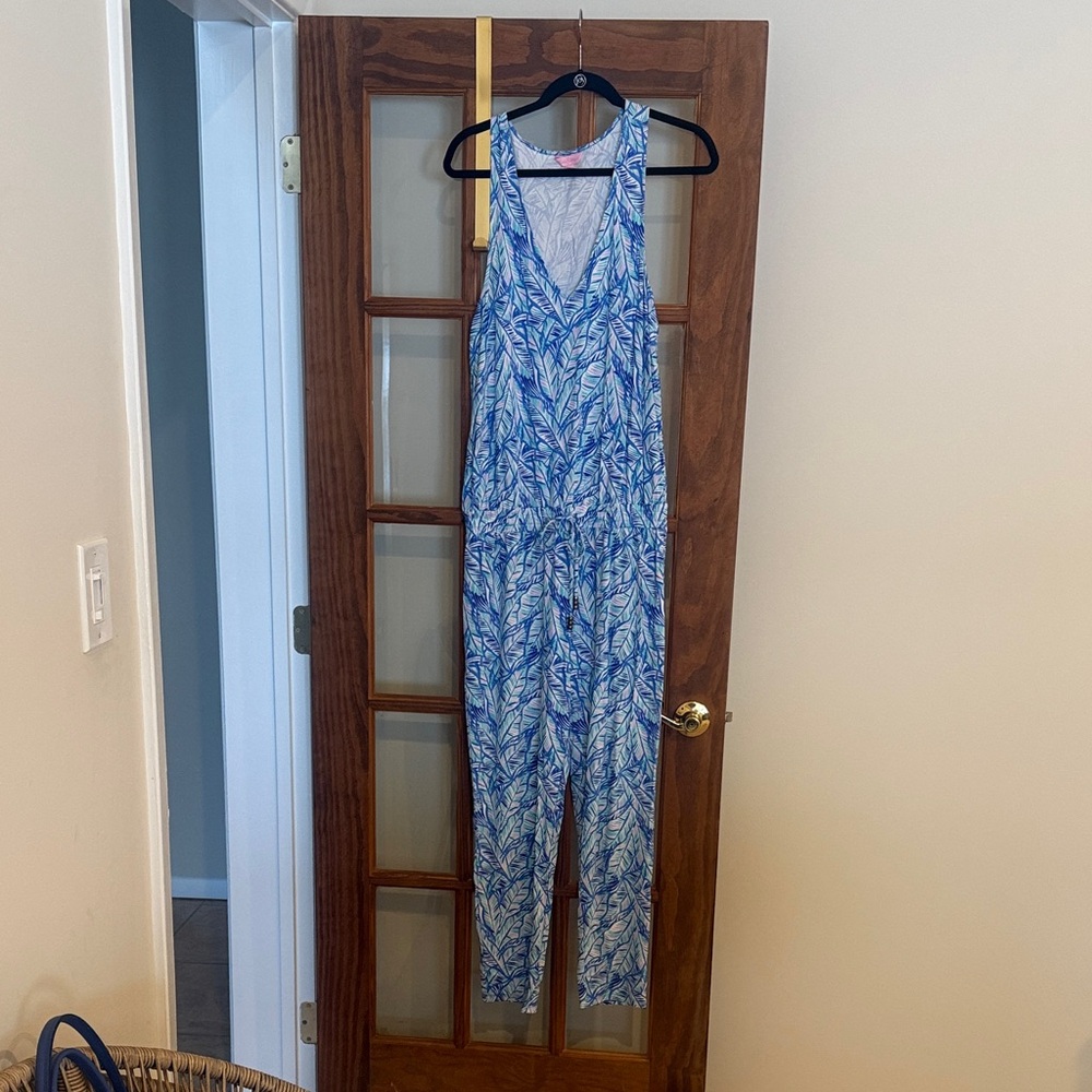 Lilly Pulitzer Blue and White Leaf Print Jumpsuit